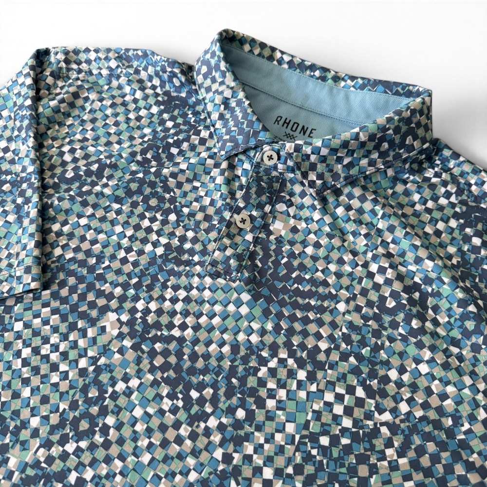 Rhone Polo Shirt Men XL Blue Geometric Mosaic Print Golf Performance Stretch